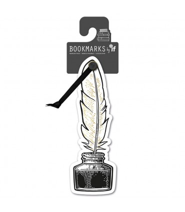 Thick bookmark with ribbon " Quill & Inkwell " - White, black and gold