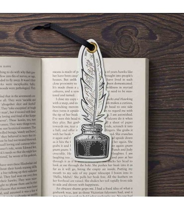 Thick bookmark with ribbon " Quill & Inkwell " - White, black and gold